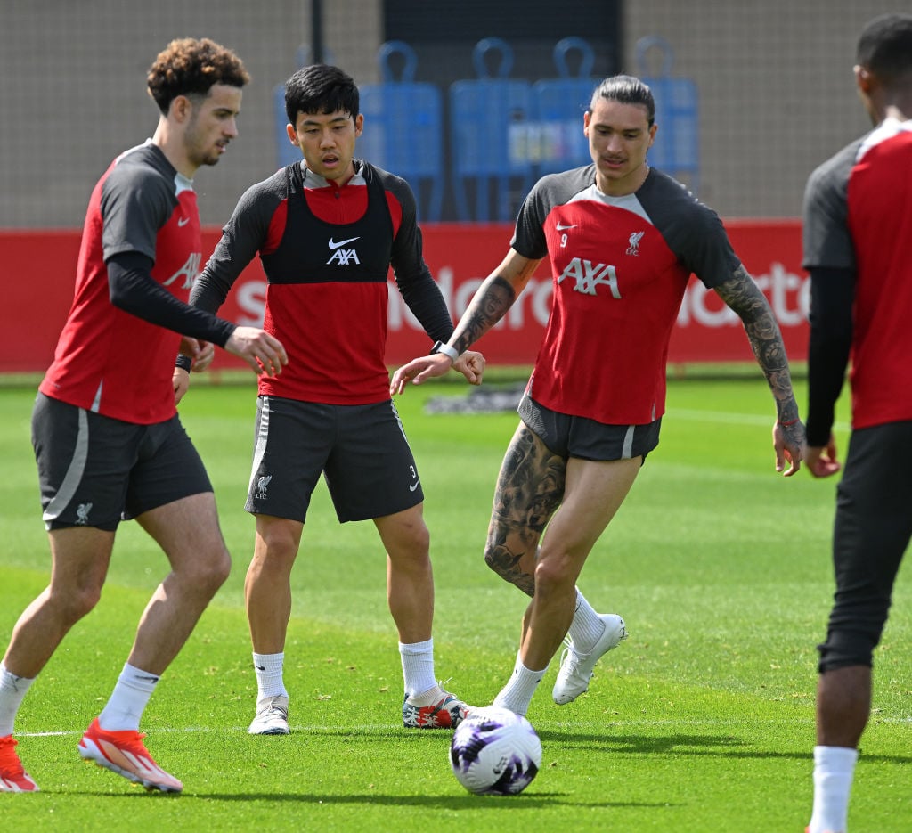 (THE SUN OUT.THE SUN ON SUNDAY OUT) Curtis Jones, Wataru Endo and Darwin Nunez of Liverpool during a training session at AXA Training Centre on May...