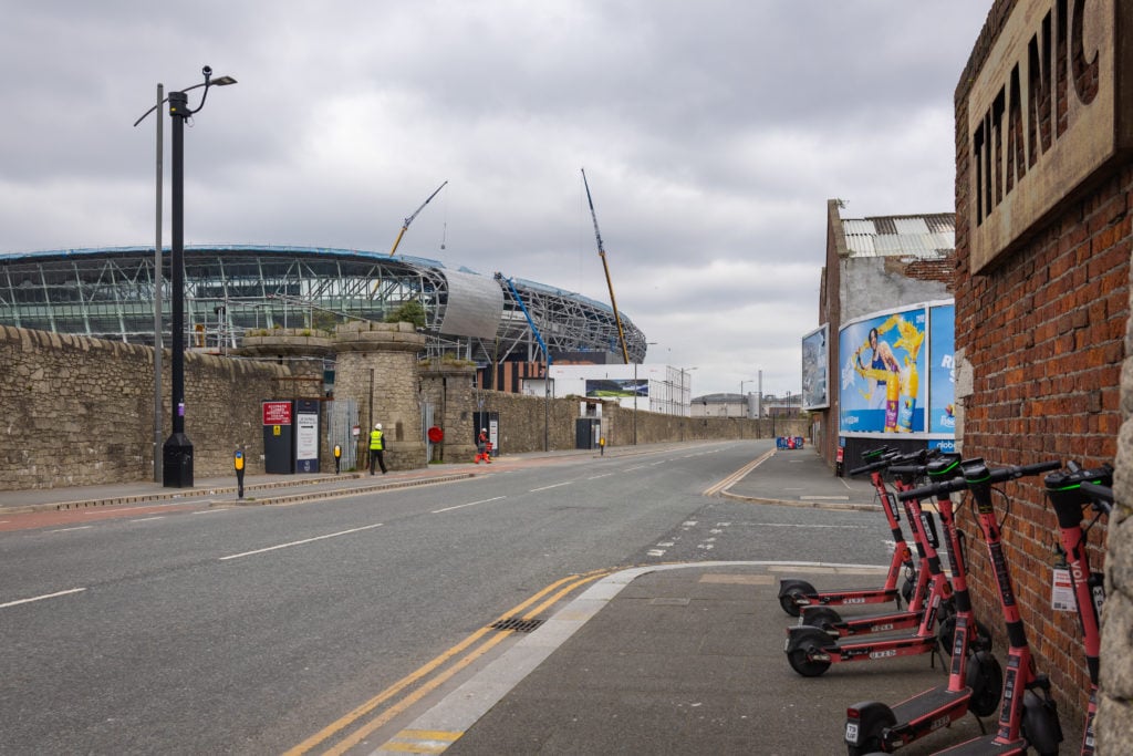 A general exterior view of the construction of the New Everton Stadium at Bramley Moore Dock on May 6, 2024 in Liverpool, England.