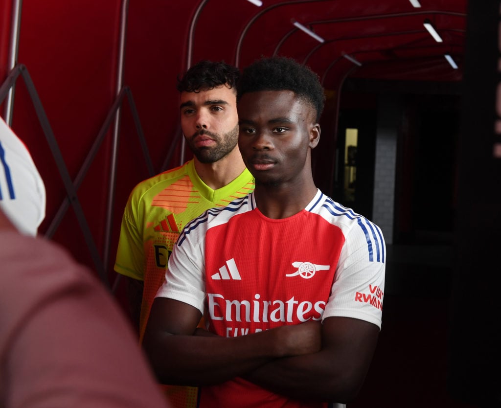 David raya and Bukayo Saka of Arsenal during the Arsenal and Adidas kit shoot at Emirates Stadium on February 28, 2024 in London, England.