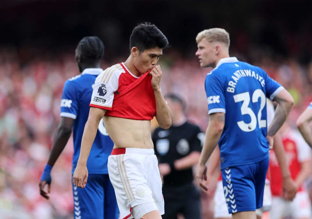 Takehiro Tomiyasu of Arsenal reacts during the Premier League match between Arsenal FC and Everton FC at Emirates Stadium on May 19, 2024 in London...