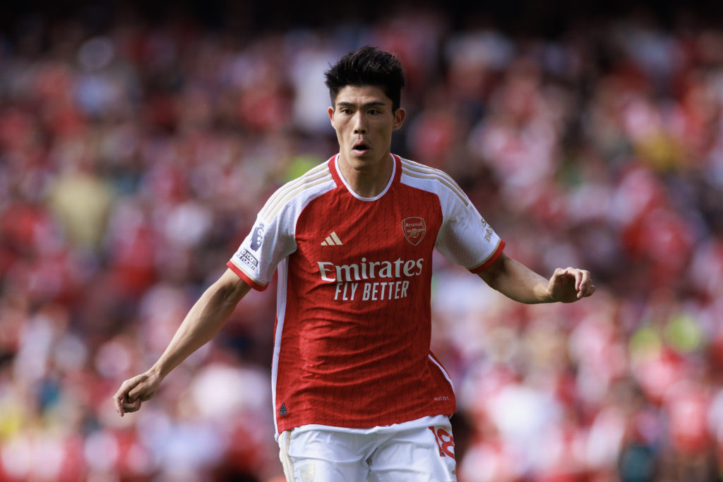 Takehiro Tomiyasu of Arsenal during the Premier League match between Arsenal FC and Everton FC at Emirates Stadium on May 19, 2024 in London, England.