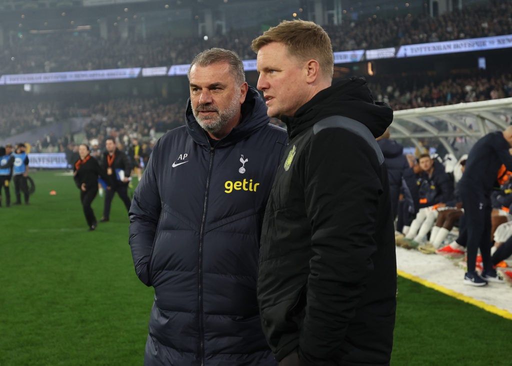 Ange Postecoglou, coach of Tottenham Hotspur speaks with Newcastle United FC coach, Eddie Howe during the exhibition match between Tottenham Hotspu...