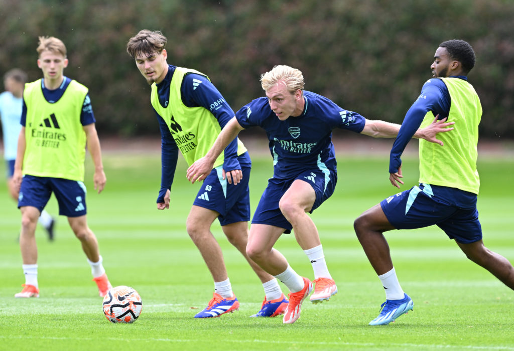 Michal Rosiak, Mika Biereth and Romari Forde of Arsenal during the Arsenal U21 training session at Sobha Realty Training Centre on July 01, 2024 in...