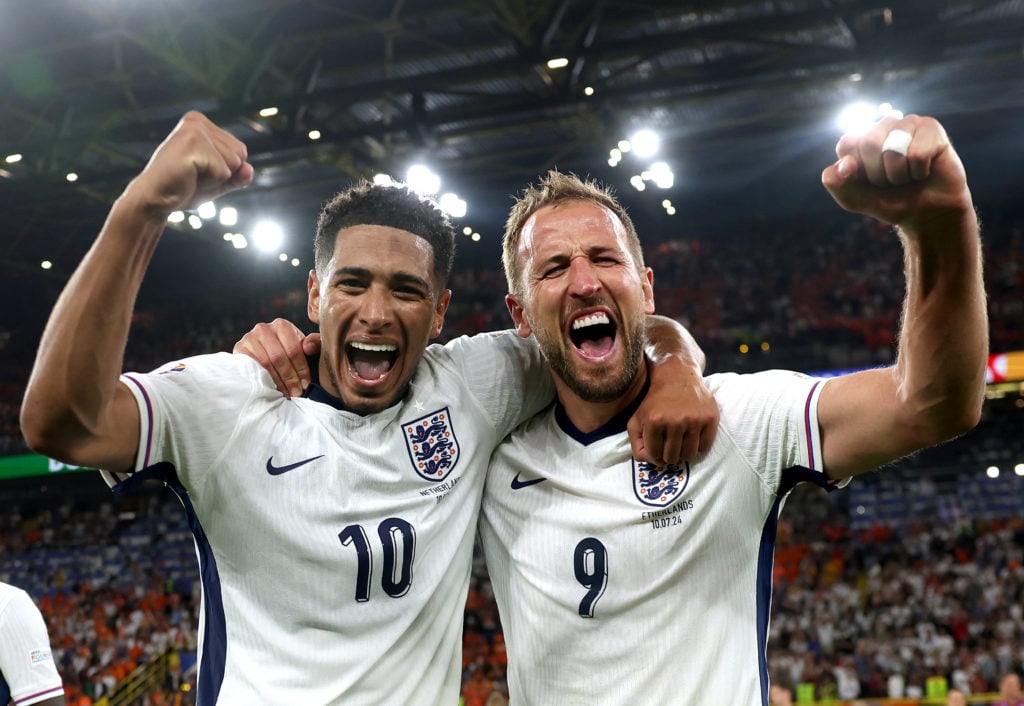 Jude Bellingham and Harry Kane of England celebrate following the UEFA EURO 2024 semi-final match between Netherlands and England at Football Stadi...