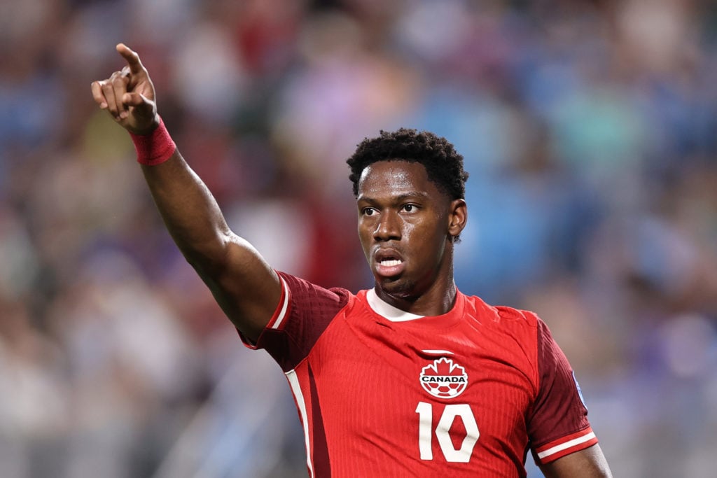 Jonathan David of Canada reacts  during the CONMEBOL Copa America 2024 third place match between Uruguay and Canada at Bank of America Stadium on J...