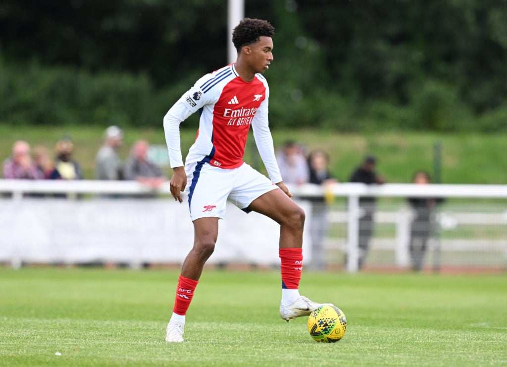 Zac Shuaib of Arsenal during a pre season friendly match between Enfield Town and Arsenal U21s at Queen Elizabeth Stadium on July 16, 2024 in Enfie...