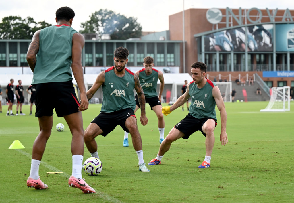 (THE SUN OUT, THE SUN ON SUNDAY OUT) Dominik Szoboszlai and Diogo Jota of Liverpool during a training session at NovaCare Complex on July 30, 2024 ...