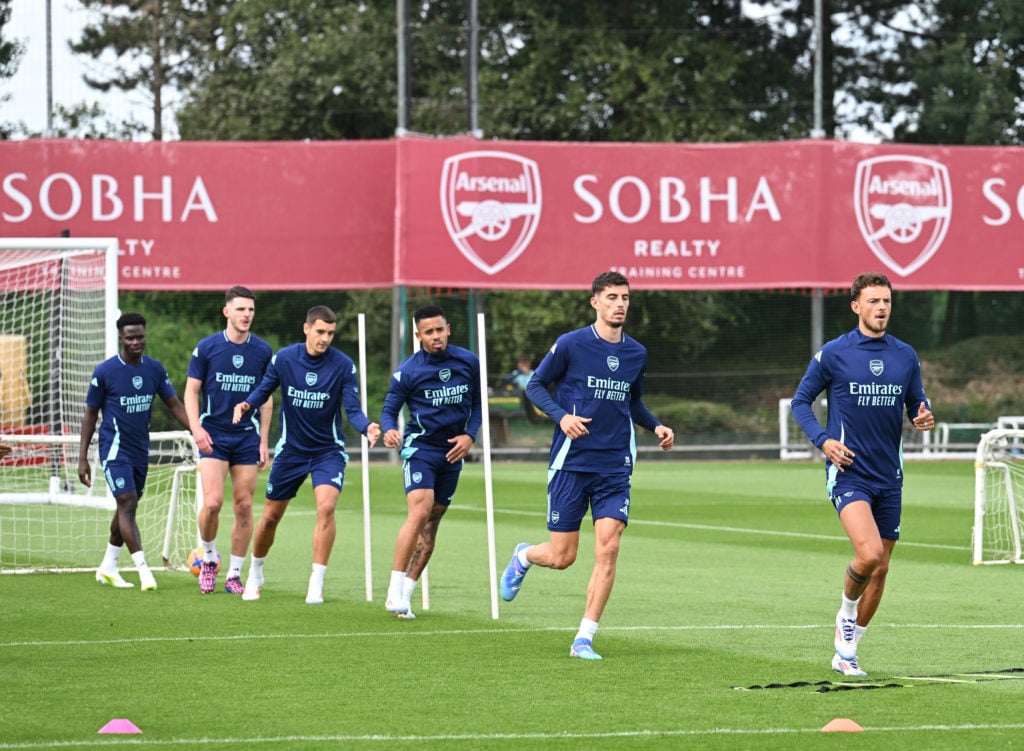 (L-R) Bukayo Saka Declan Rice, Jakub Kiwior, Gabriel Jesus, Kai Havertz and Ben White, of Arsenal during a training session at Sobha Realty Trainin...