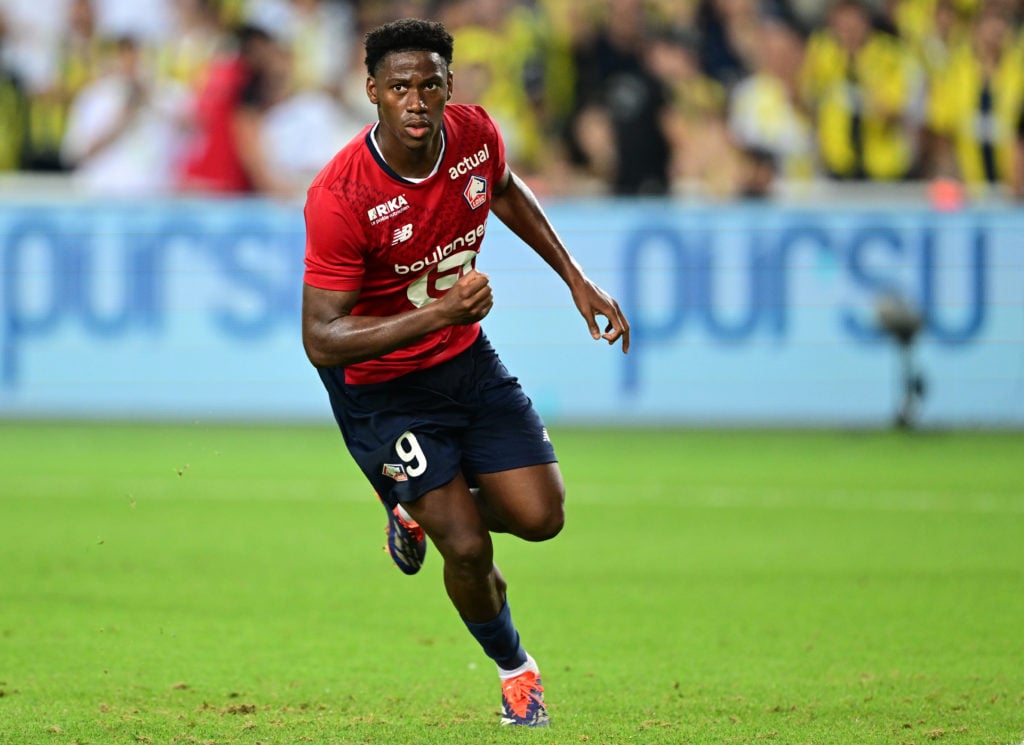 Jonathan David'in (9) of Lille celebrates after scoring a goal during the UEFA Champions League third qualifying round second-leg match between Fen...