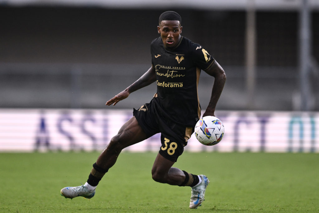 Jackson Tchatchoua of Hellas Verona in action during the Coppa Italia match between Hellas Verona v Cesena at Stadio Marc'Antonio Bentegodi on Augu...