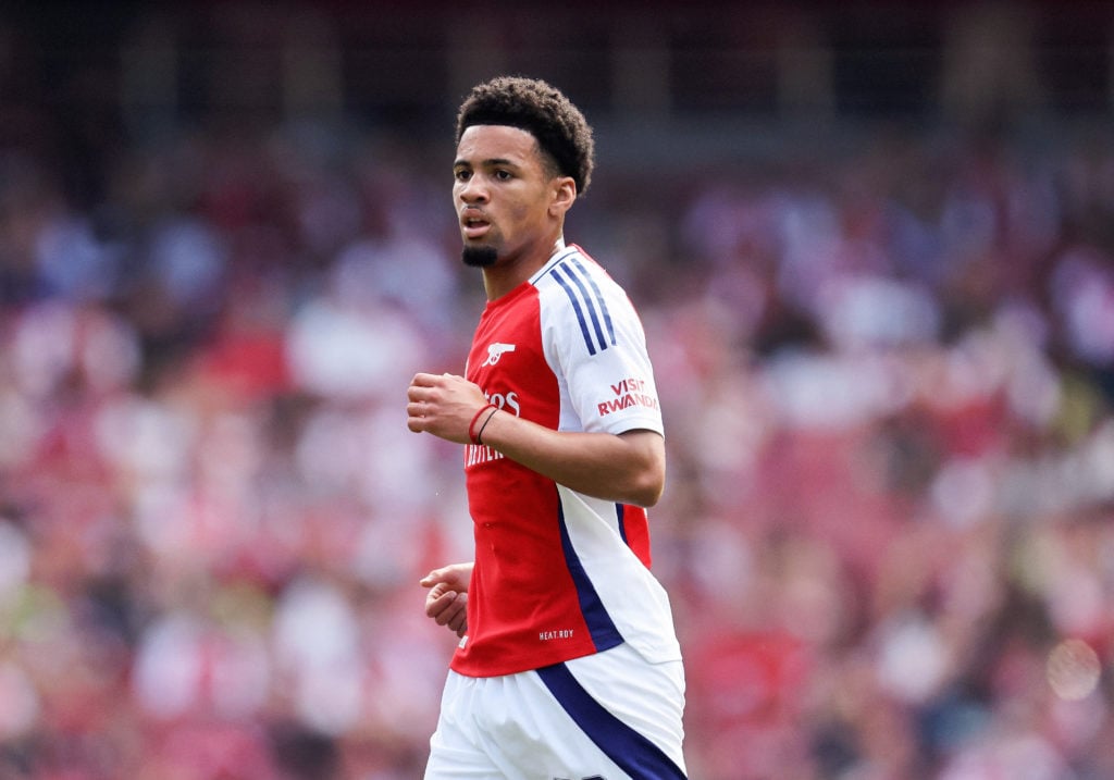 Ethan Nwaneri of Arsenal during the pre-season friendly match between Arsenal and Olympique Lyonnais at Emirates Stadium on August 11, 2024 in Lond...