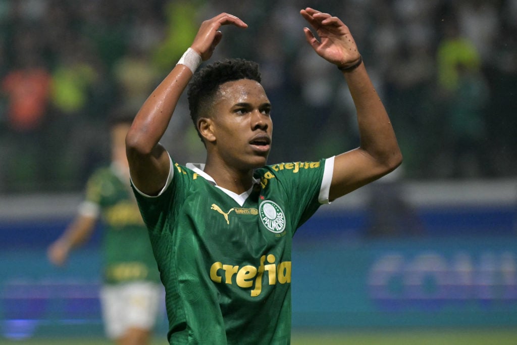 Palmeiras' forward Estevao Willian reacts during the Copa Libertadores round of 16 second leg all-Brazilian football match between Palmeiras and Bo...