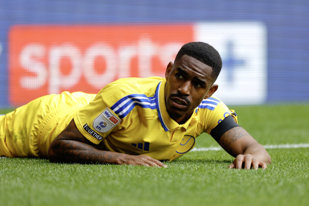 Junior Firpo of Leeds United reacts during the Sky Bet Championship match between West Bromwich Albion FC and Leeds United FC at The Hawthorns on A...