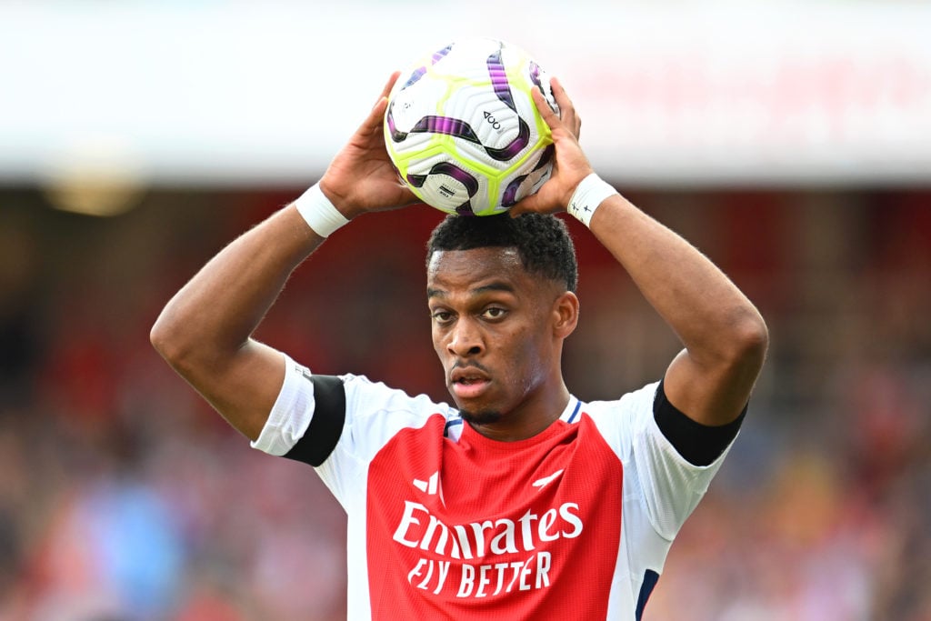 Jurrien Timber of Arsenal takes a throw-in during the Premier League match between Arsenal FC and Wolverhampton Wanderers FC at Emirates Stadium on...