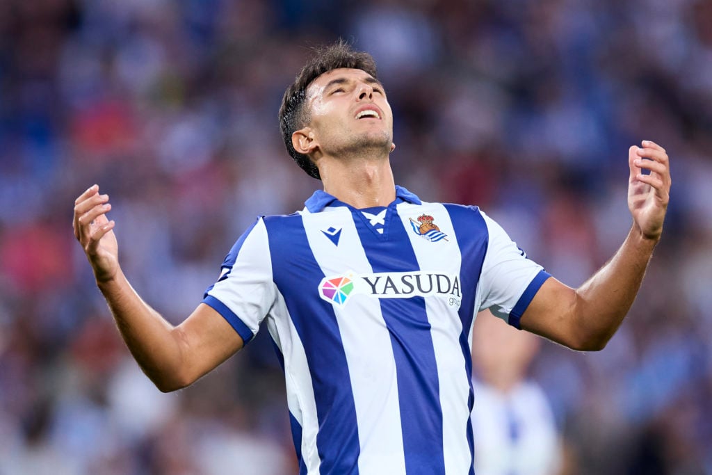 Martin Zubimendi of Real Sociedad reacts during the LaLiga EA Sports match between Real Sociedad and Rayo Vallecano at Reale Arena on August 18, 20...