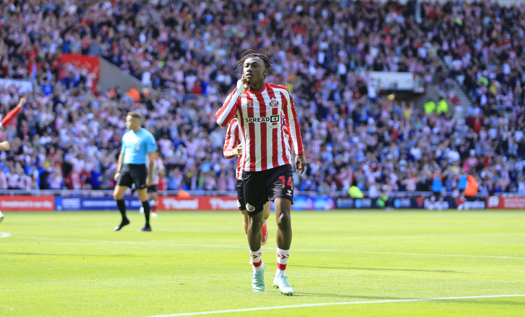 Romaine Mundle of Sunderland (#14) celebrates after scoring the only goal during the Sky Bet Championship match between Sunderland AFC and Burnley ...