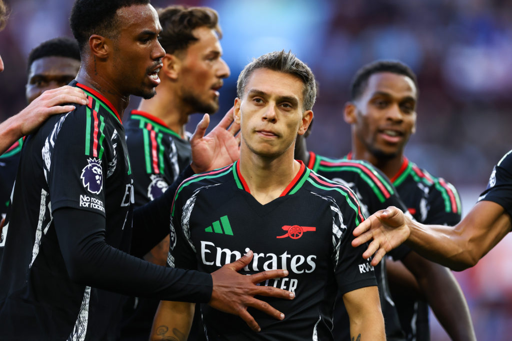 Leandro Trossard of Arsenal celebrates their second goal with his team mates during the Premier League match between Aston Villa FC and Arsenal FC ...