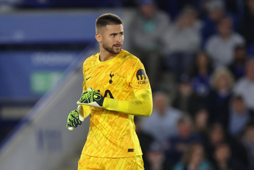 Guglielmo Vicario of Tottenham Hotspur during the Premier League match between Leicester City FC and Tottenham Hotspur FC at The King Power Stadium...