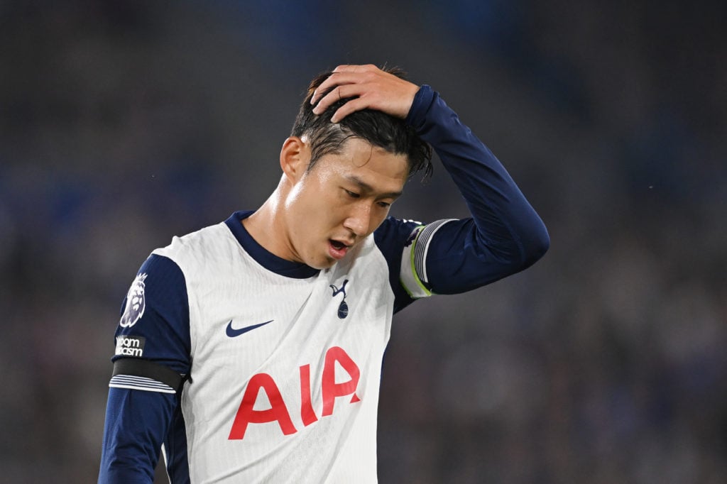 Son Heung-Min of Tottenham looks dejected during the Premier League match between Leicester City FC and Tottenham Hotspur FC at The King Power Stad...