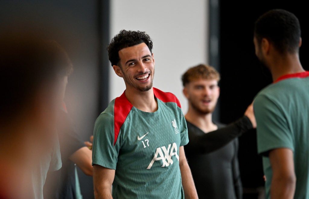 (THE SUN OUT, THE SUN ON SUNDAY OUT) Curtis Jones of Liverpool during a training session at AXA Training Centre on August 23, 2024 in Kirkby, England.