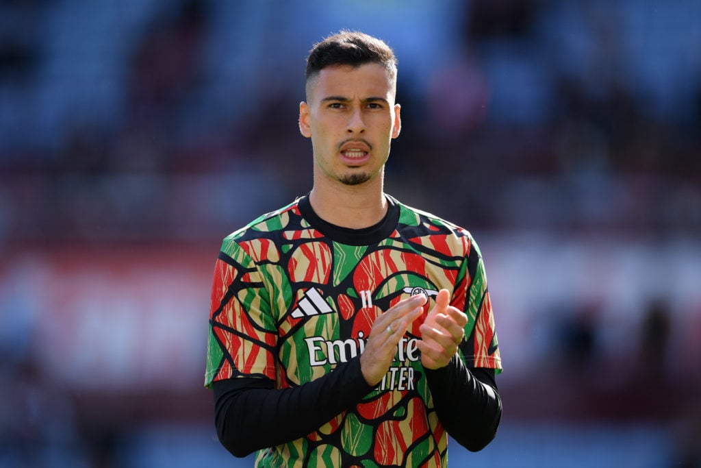 Gabriel Martinelli of Arsenal acknowledges the fans during the warm up prior to the Premier League match between Aston Villa FC and Arsenal FC at V...