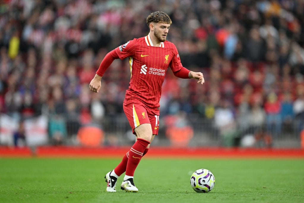 Harvey Elliott of Liverpool in action during the Premier League match between Liverpool FC and Brentford FC at Anfield on August 25, 2024 in Liverp...