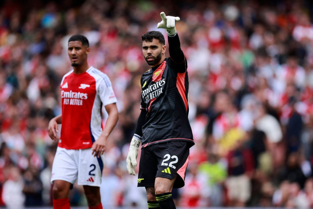 Arsenal's Spanish goalkeeper #22 David Raya gestures during the English Premier League football match between Arsenal and Brighton and Hove Albion ...