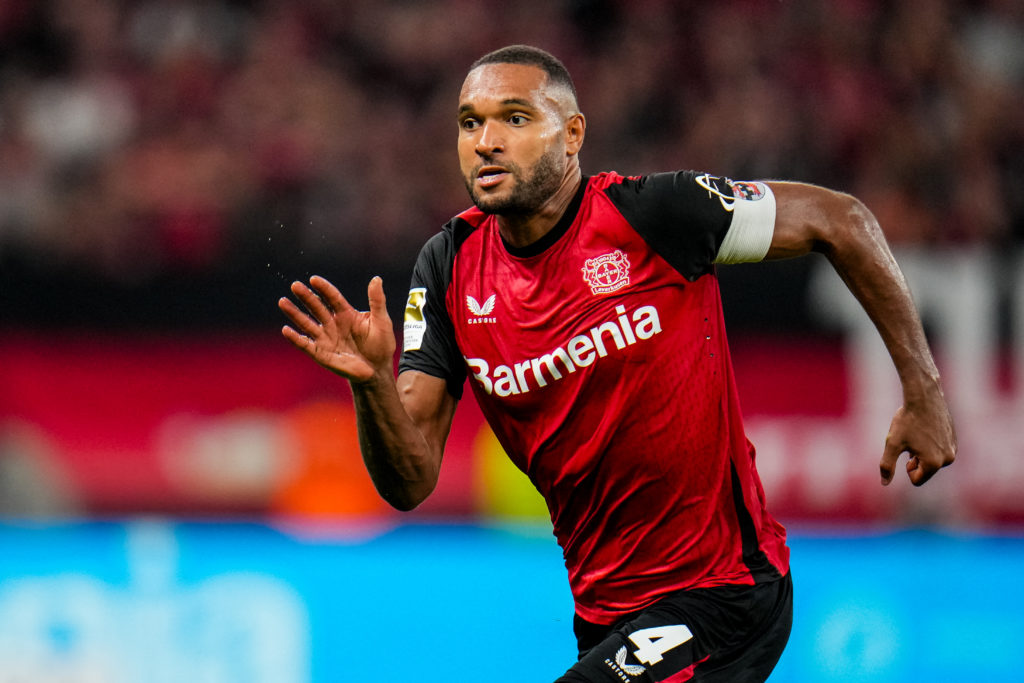 Jonathan Tah of Bayer 04 Leverkusen looks on during the Bundesliga match between Bayer 04 Leverkusen and RB Leipzig at BayArena on August 31, 2024 ...