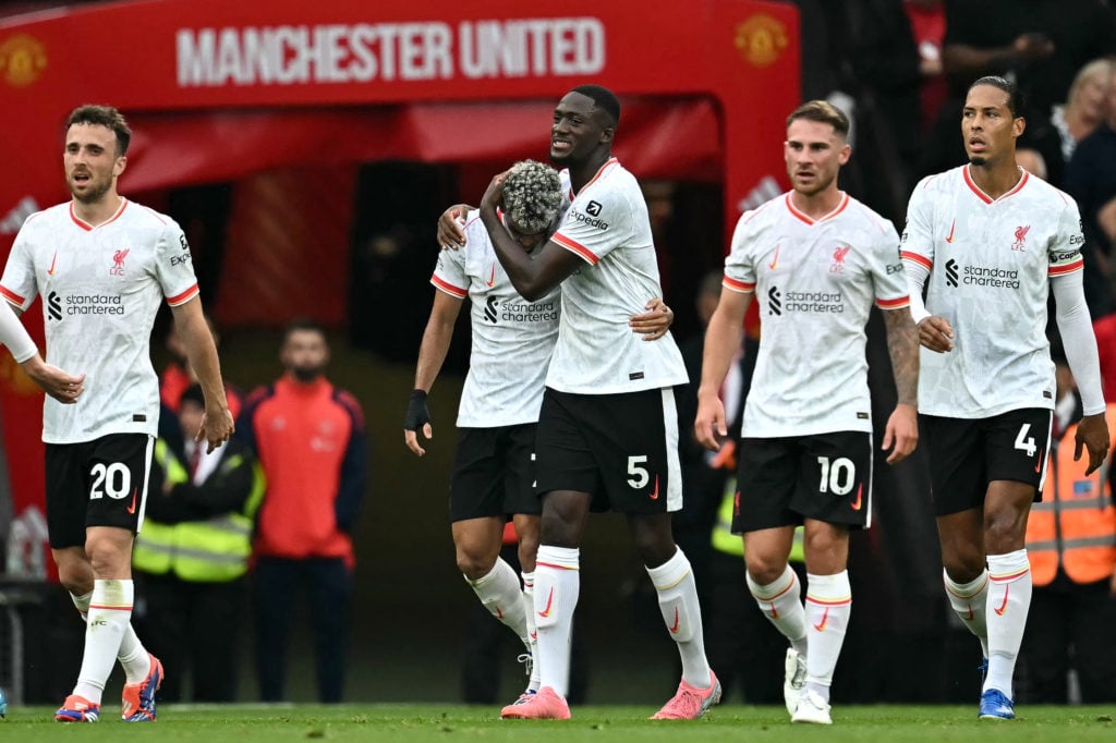 Liverpool's Colombian midfielder #07 Luis Diaz (2L) celebrates with Liverpool's French defender #05 Ibrahima Konate (C) after scoring their second ...