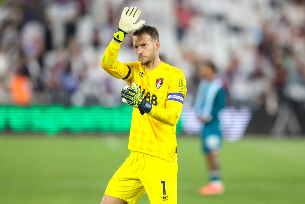 Neto of Bournemouth after his sides 1-0 defeat during the Carabao Cup Second Round match between West Ham United and AFC Bournemouth at London Stad...