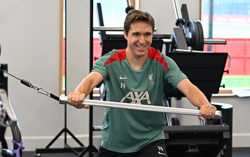 (THE SUN OUT, THE SUN ON SUNDAY OUT) Federico Chiesa of Liverpool during a training session at AXA Training Centre on August 30, 2024 in Kirkby, En...