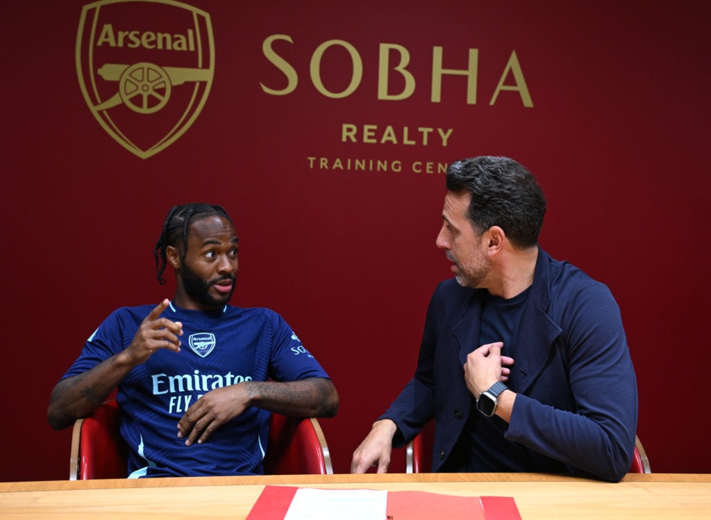 Arsenal Sporting Director Edu Gaspar with new signing Raheem Sterling at Sobha Realty Training Centre on August 30, 2024 in London Colney, England.