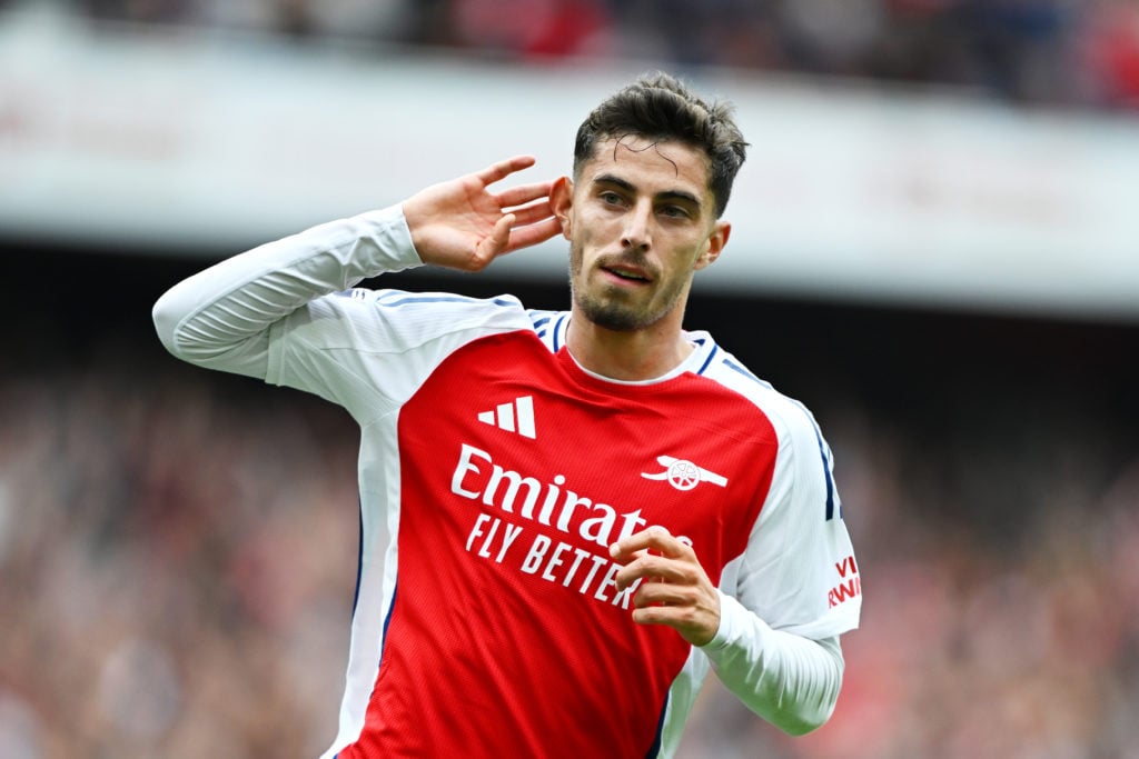 Kai Havertz of Arsenal celebrates scoring his team's first goal during the Premier League match between Arsenal FC and Brighton & Hove Albion F...