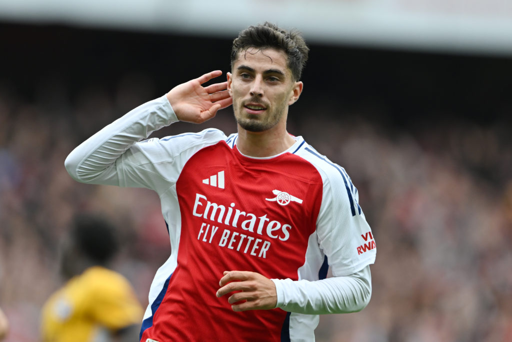 Kai Havertz of Arsenal celebrates scoring his team's first goal during the Premier League match between Arsenal FC and Brighton & Hove Albion F...