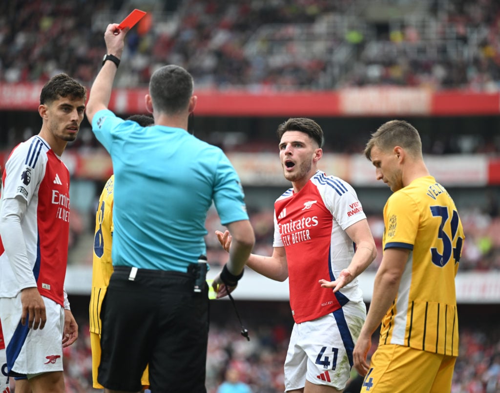 Arsenal's Declan Rice is shown a 2nd yellow card and sent off by referee Christopher Kavanagh during the Premier League match between Arsenal FC an...