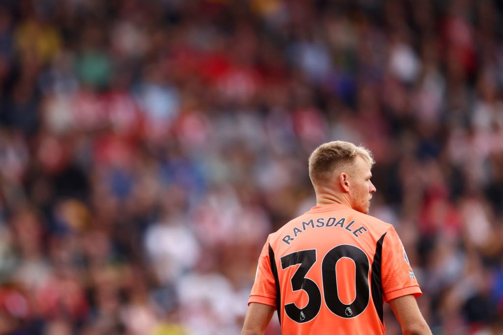 Aaron Ramsdale of Southampton looks on during the Premier League match between Brentford FC and Southampton FC at Gtech Community Stadium on August...