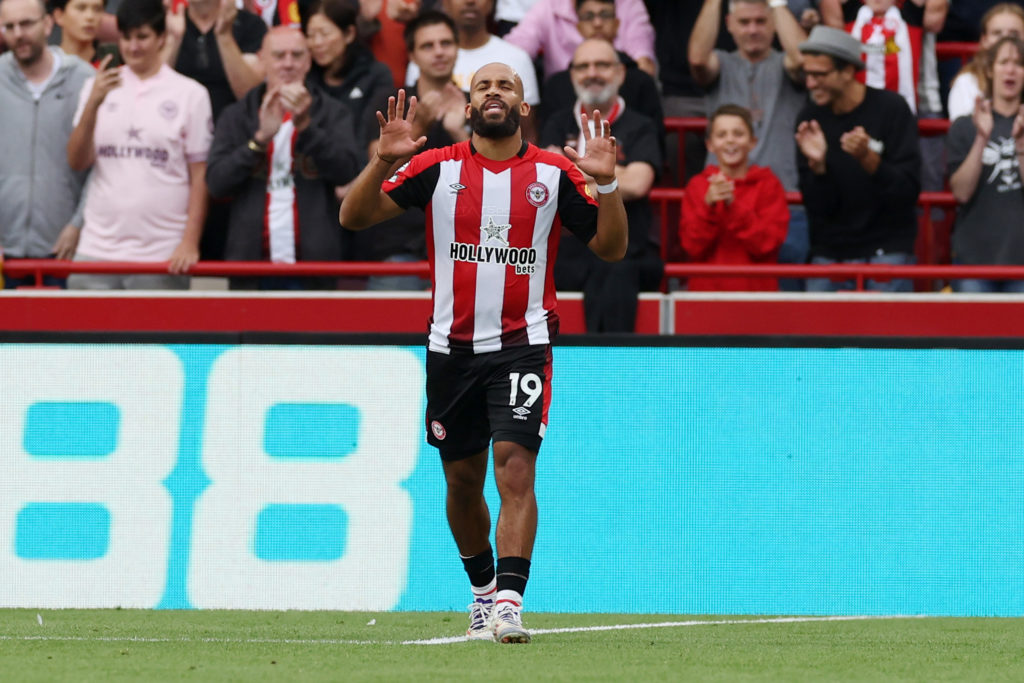 Bryan Mbeumo of Brentford celebrates scoring his team's second goal during the Premier League match between Brentford FC and Southampton FC at Gtec...