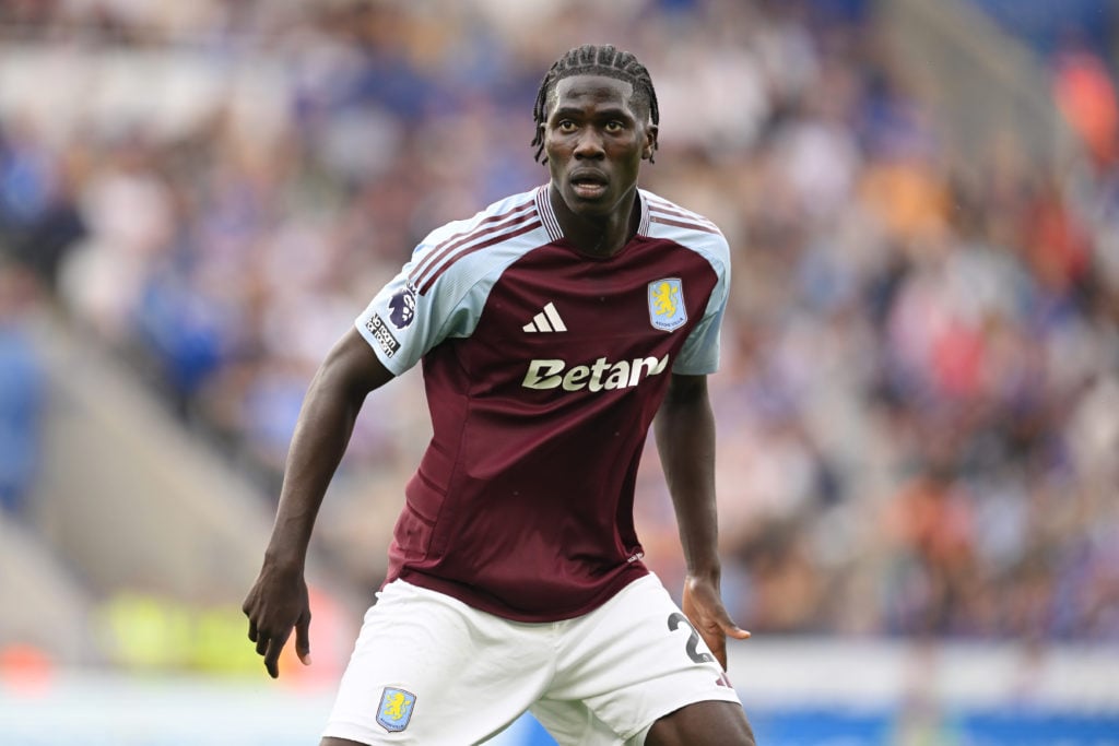 Amadou Onana of Aston Villa in action during the Premier League match between Leicester City FC and Aston Villa FC at The King Power Stadium on Aug...