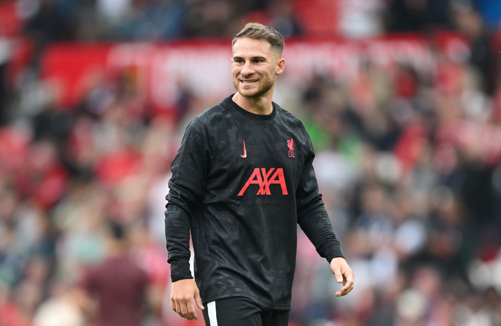 Alexis Mac Allister of Liverpool looks on during the warm up prior to the Premier League match between Manchester United FC and Liverpool FC at Old...