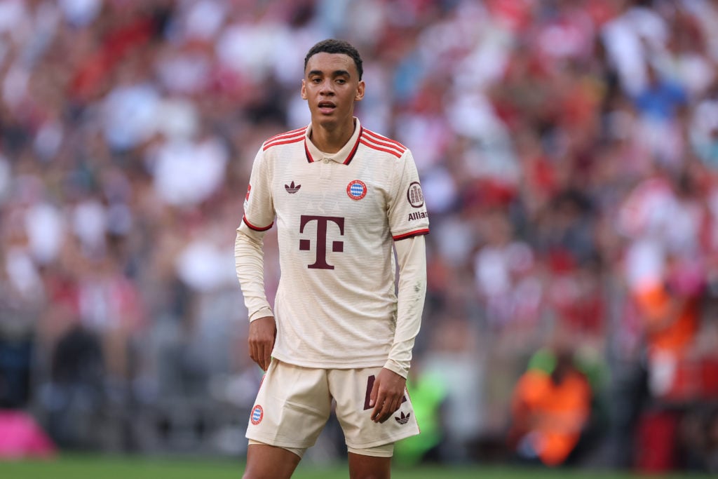 Jamal Musiala of FC Bayern München looks on during the Bundesliga match between FC Bayern München and Sport-Club Freiburg at Allianz Arena on Septe...