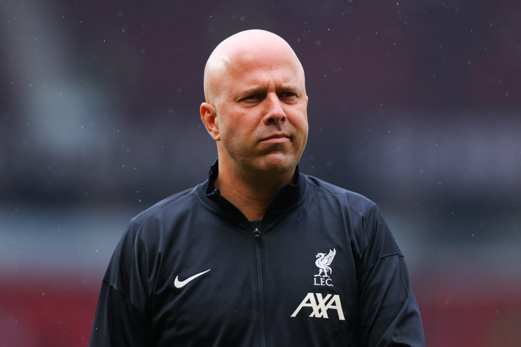 Arne Slot, manager of Liverpool, looks on during the Premier League match between Manchester United FC and Liverpool FC at Old Trafford on Septembe...