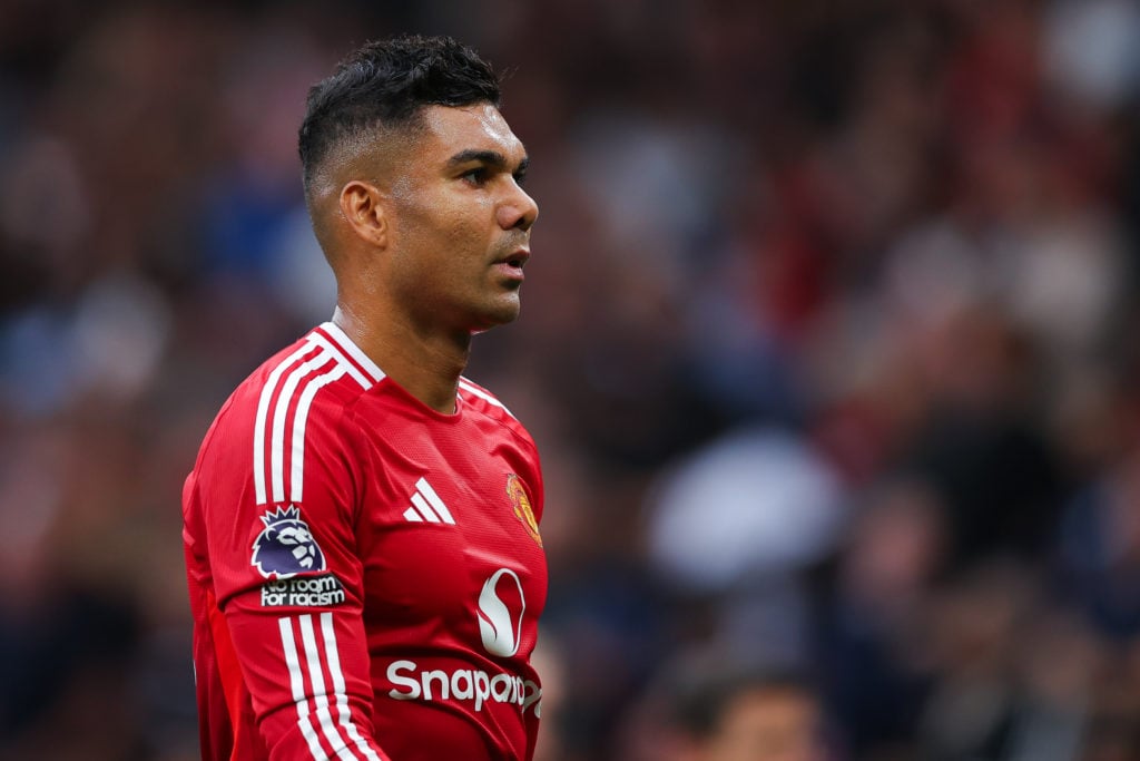 Casemiro of Manchester United during the Premier League match between Manchester United FC and Liverpool FC at Old Trafford on September 01, 2024 i...