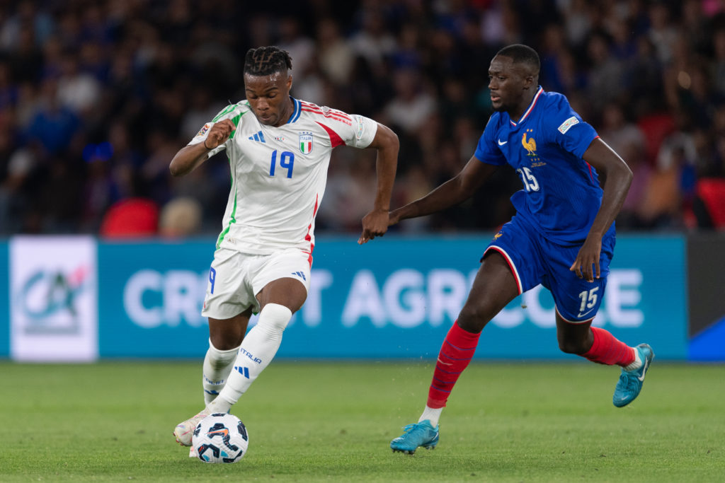 Destiny Udogie of Italy is in action during the UEFA Nations League 2024/25 League A Group A2 match between France and Italy at Parc des Princes st...