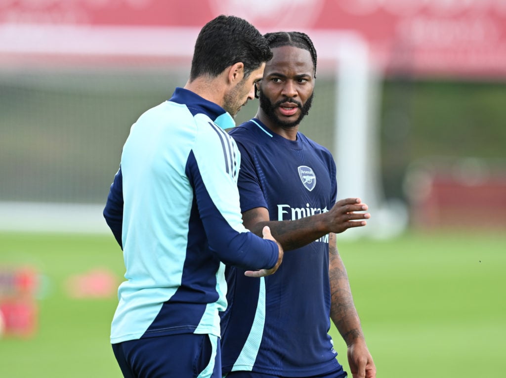 Arsenal manager Mikel Arteta with Raheem Sterling at Sobha Realty Training Centre on September 03, 2024 in London Colney, England.