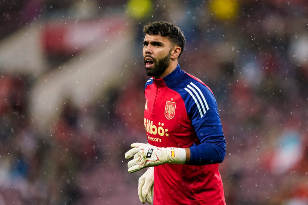 Goalkeeper David Raya of Spain warming up during the UEFA Nations League 2024/25 League A Group A4 match between Switzerland and Spain at Stade de ...