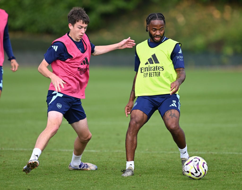 (L-R) Dan Casey and Raheem Sterling of Arsenal during a training session at Sobha Realty Training Centre on September 04, 2024 in London Colney, En...