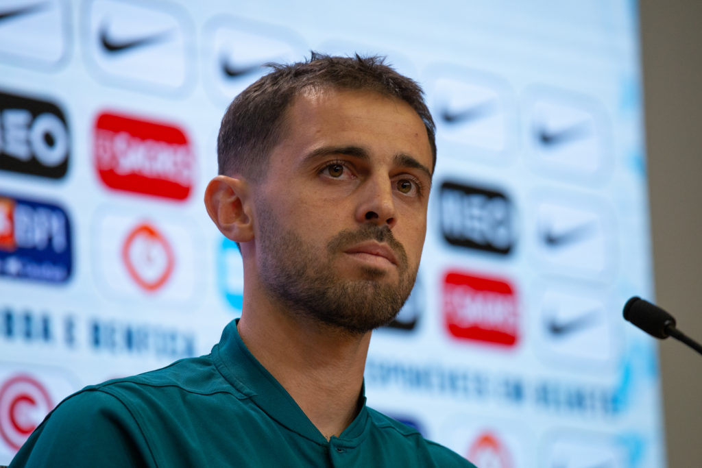 Bernardo Silva looks on during the training session of the Portuguese National Team at the Cidade do Futebol (City of Football) on September 04, 20...