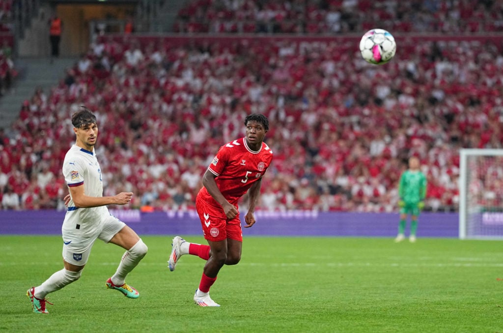 Patrick Dorgu of Denmark controls the ball during the UEFA Nations League 2024/2025 League A - Group 4 match between Denmark and Serbia at Parken o...