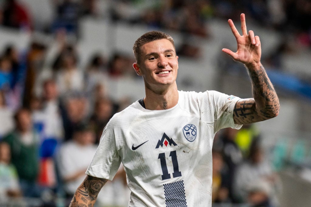 Benjamin Sesko of Slovenia celebrates a hat-trick after scoring Slovenia's third goal during the UEFA Nations League 2024/25 League B Group B3 matc...