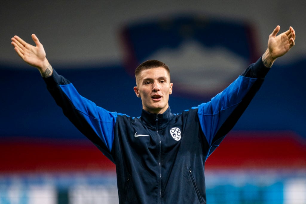 Benjamin Sesko of Slovenia applaud the fans after the UEFA Nations League 2024/25 League B Group B3 match between Slovenia and Kazakhstan at Arena ...